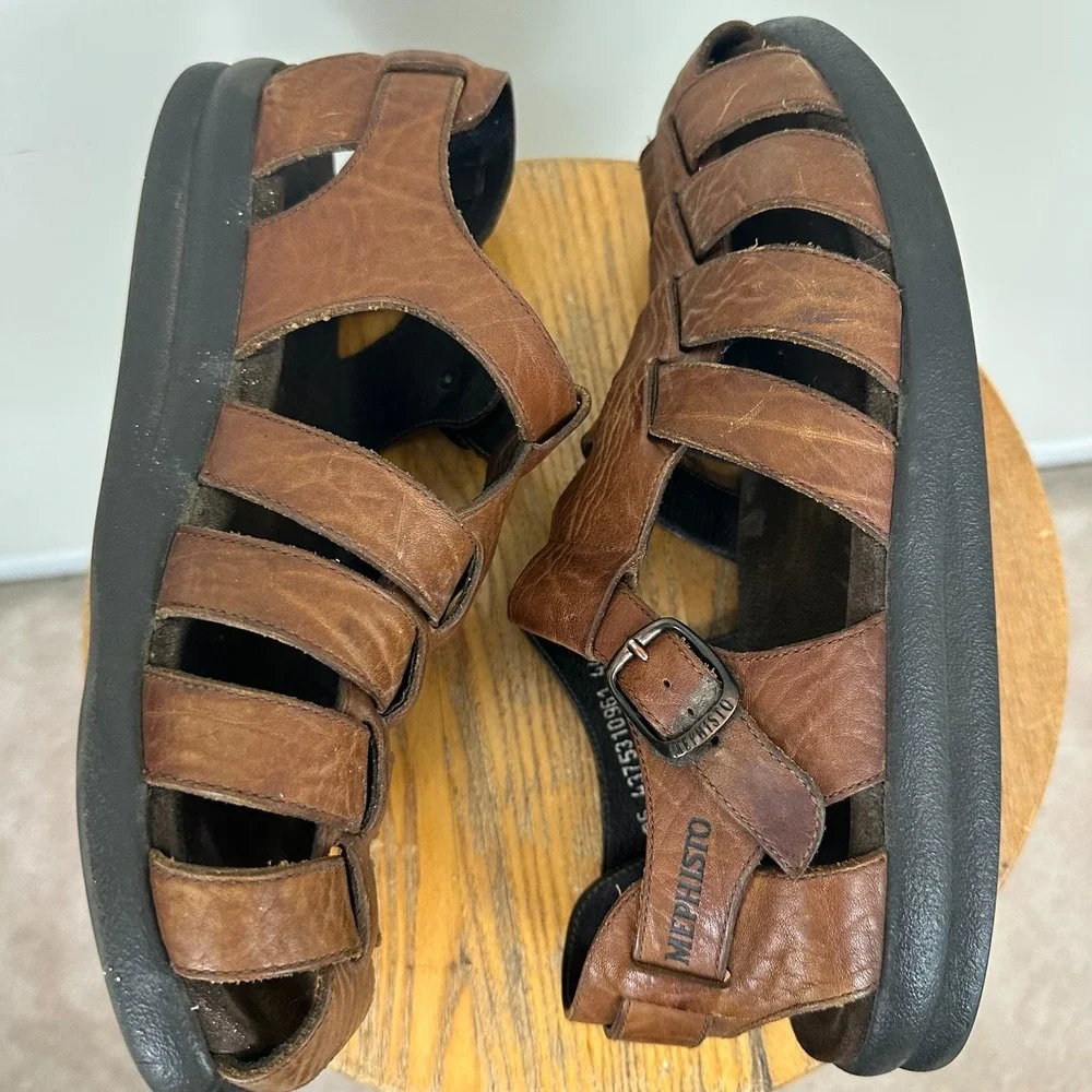 Mephisto Sam Mens 10 Fisherman Sandals Brown Leather Adjustable Buckled Strap